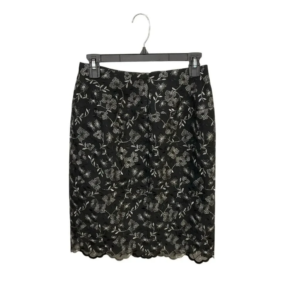 Karen Kane Silver Black Floral Pencil Skirt Scalloped Hem Size 4 Small Fancy